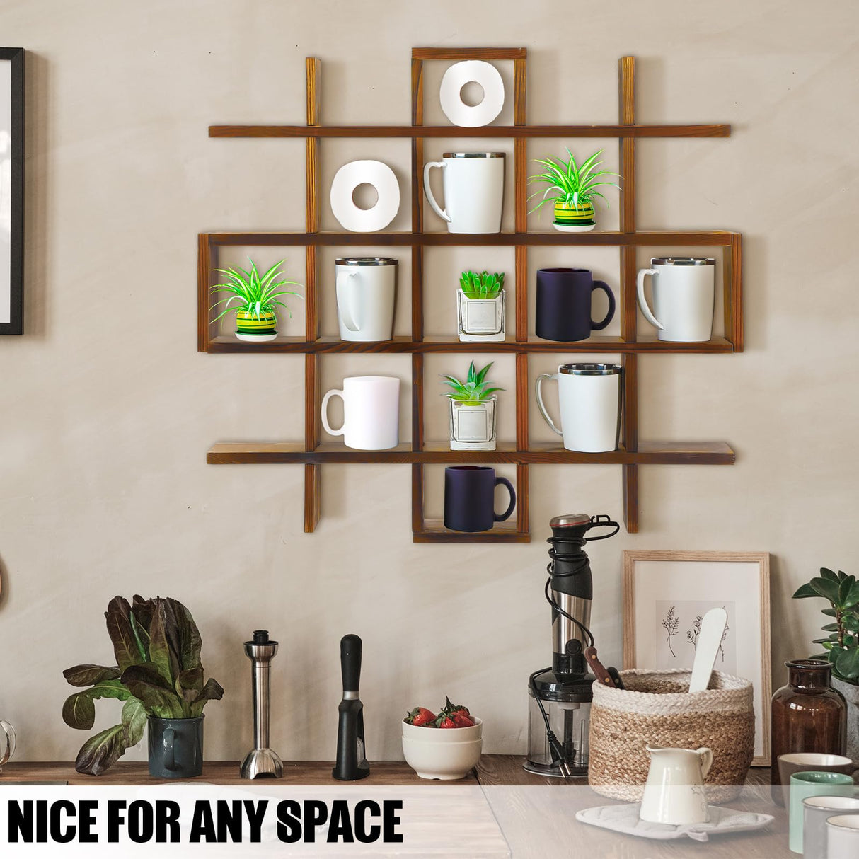 Suzile Rustic Brown Oversize Coffee Mug Display Rack Wooden Display Shelves Rustic Wooden Floating Curio Shelf Travel Mug Shelf Wall Mounted Coffee Suzile