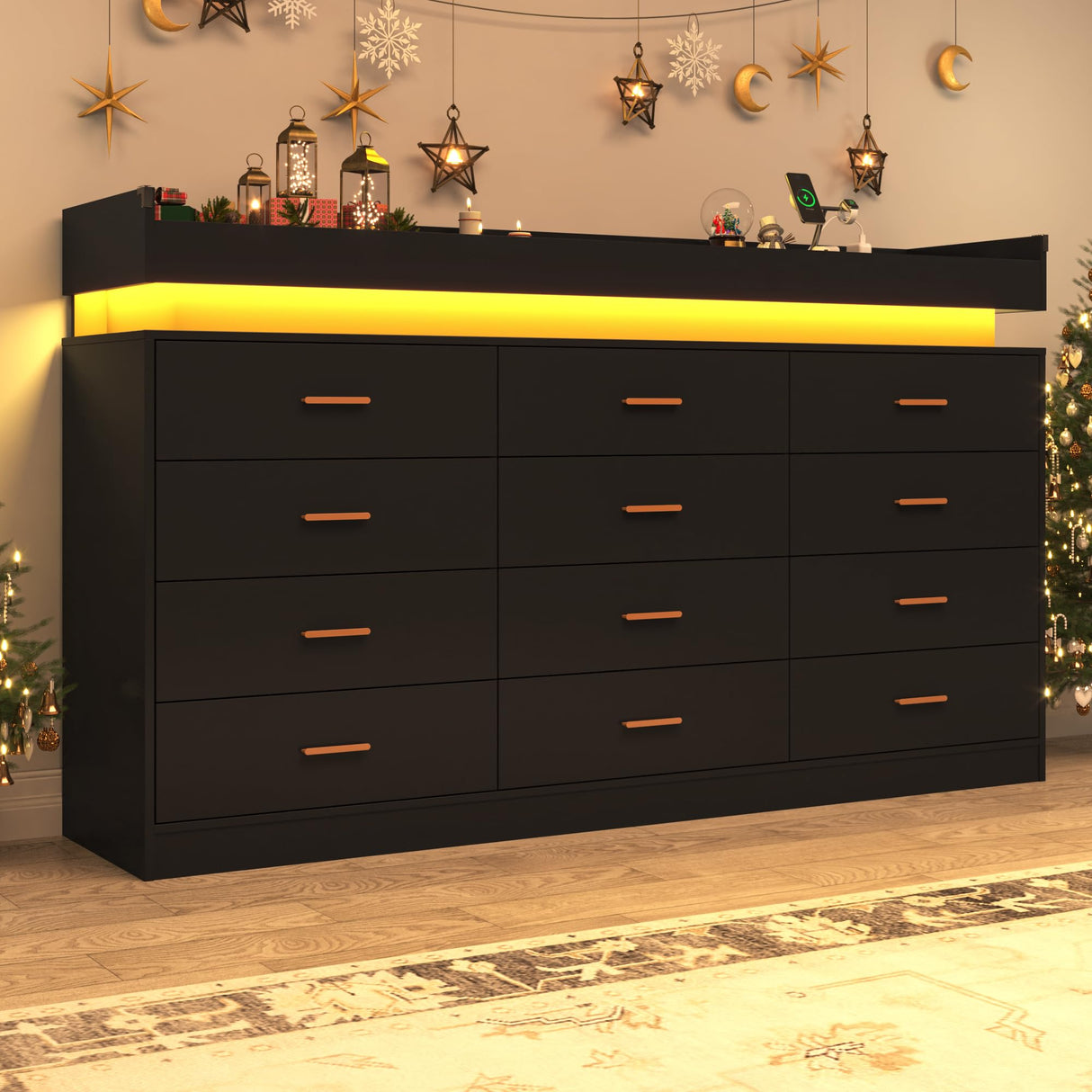 jiteentarou 12 Drawer Dresser with Charging Station and LED Lights, Modern Chest of Drawers with Power Outlet, Organizer Cabinet for Bedroom, Living Room, Entryway, Black jiteentarou