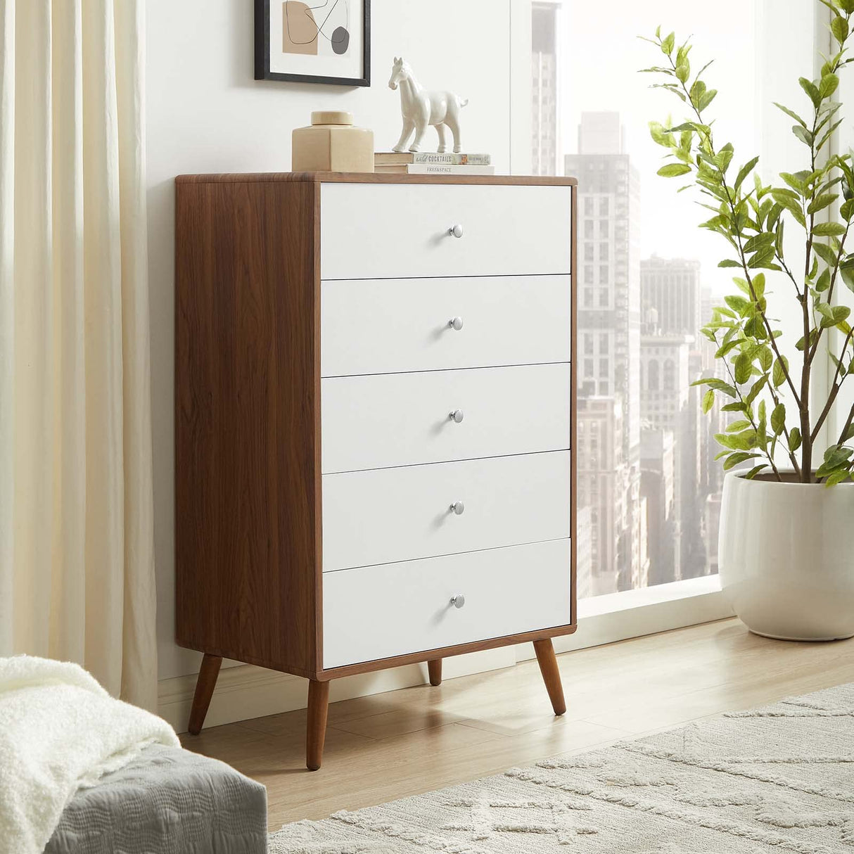 Modway Transmit Mid-Century Modern Wood Walnut White, 5-Drawer Chest Modway