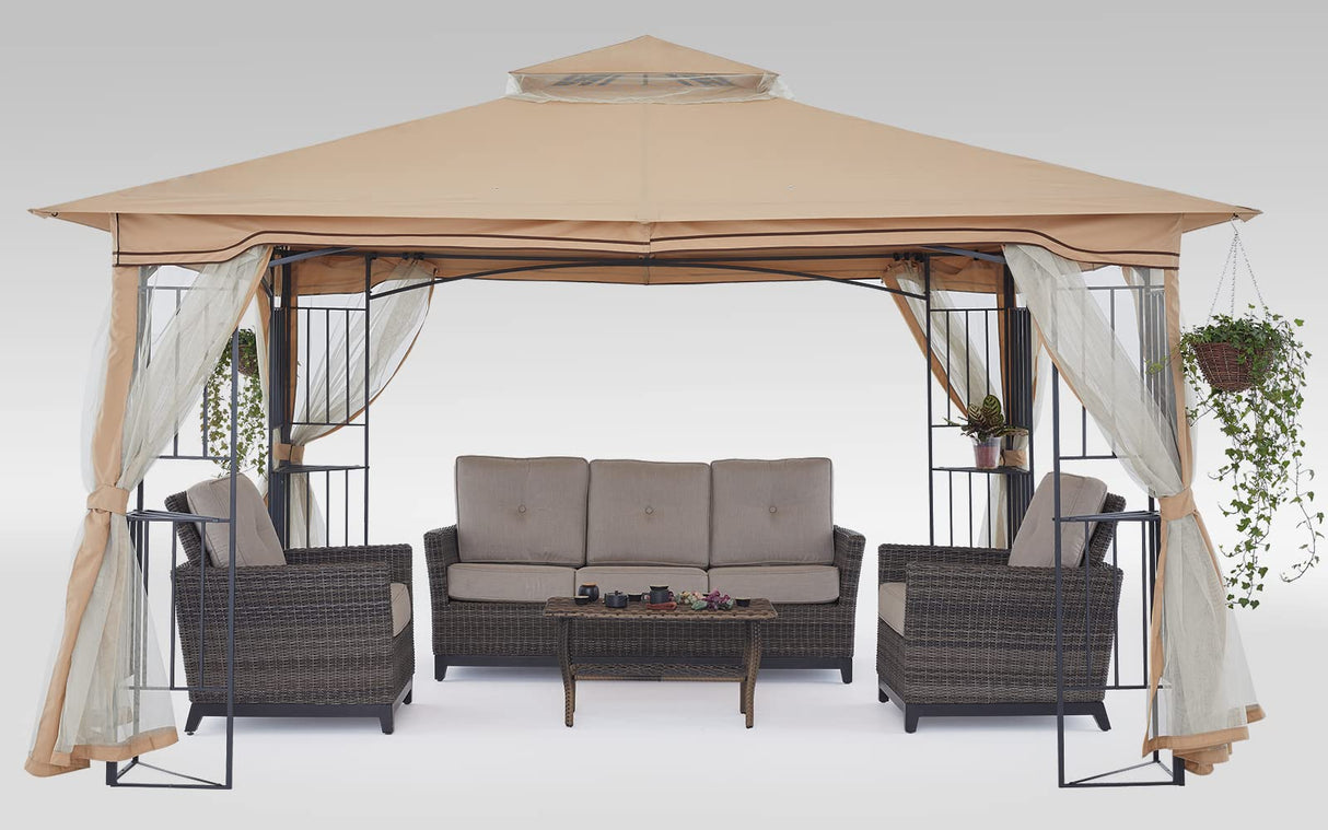MASTERCANOPY Patio Outdoor Gazebo with Netting Screen Walls and Corner Shelf Design (11x11,Beige) MASTERCANOPY