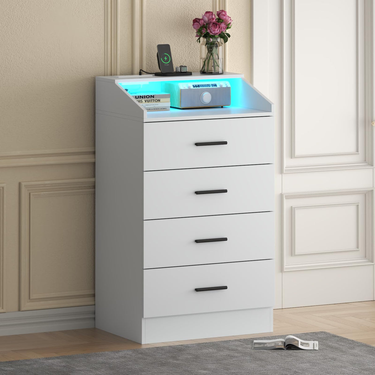 4 Drawer Dresser for bedroom with LED Light, Modern Dresser with Power Outlet, White Dressers with Open Storage Cubby, Chest of Drawers Storage Organizer for Bedroom, Hallway, Living Room(White)โฆ Gyfimoie