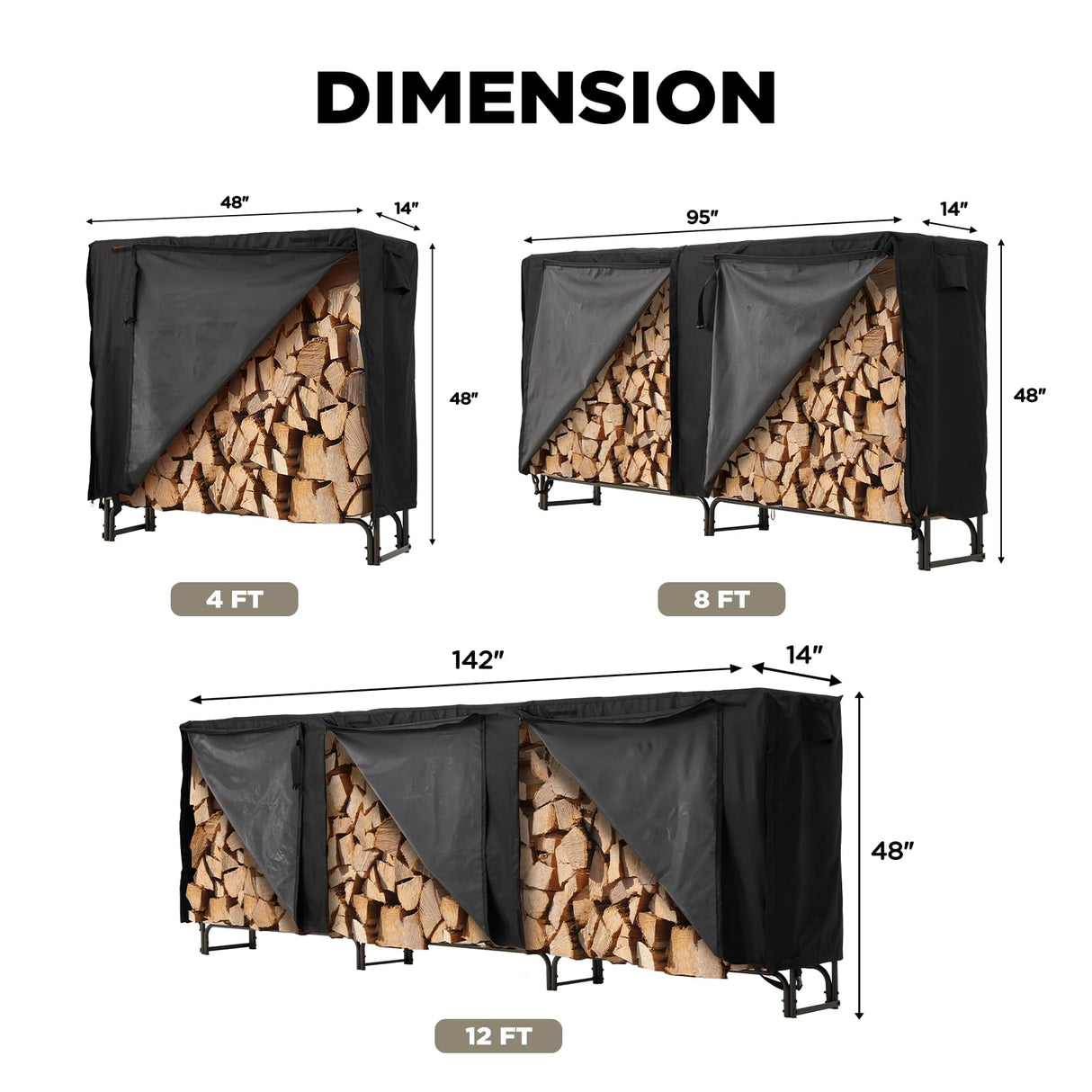 Danrelax 12ft Firewood Rack Outdoor with Cover, Wood Storage Rack for Fire log and Firewood, 600D Oxford Fabric Water-Resistant Cover, for Fireplace Indoor, Patio, Courtyard, Black Danrelax