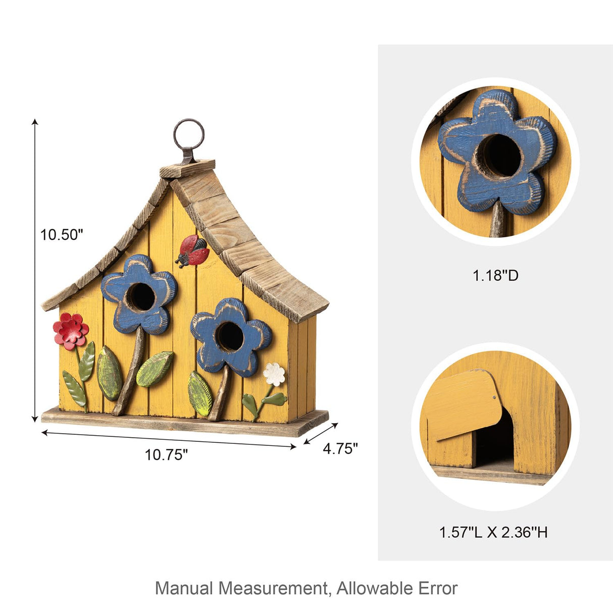 Glitzhome 10.75" L Distressed Solid Wood Hanging Birdhouse with 3D Flowers Rustic Two-Story Townhouse Hand-Painted Garden Bird Houses for Outdoors,Washed Yellow Glitzhome