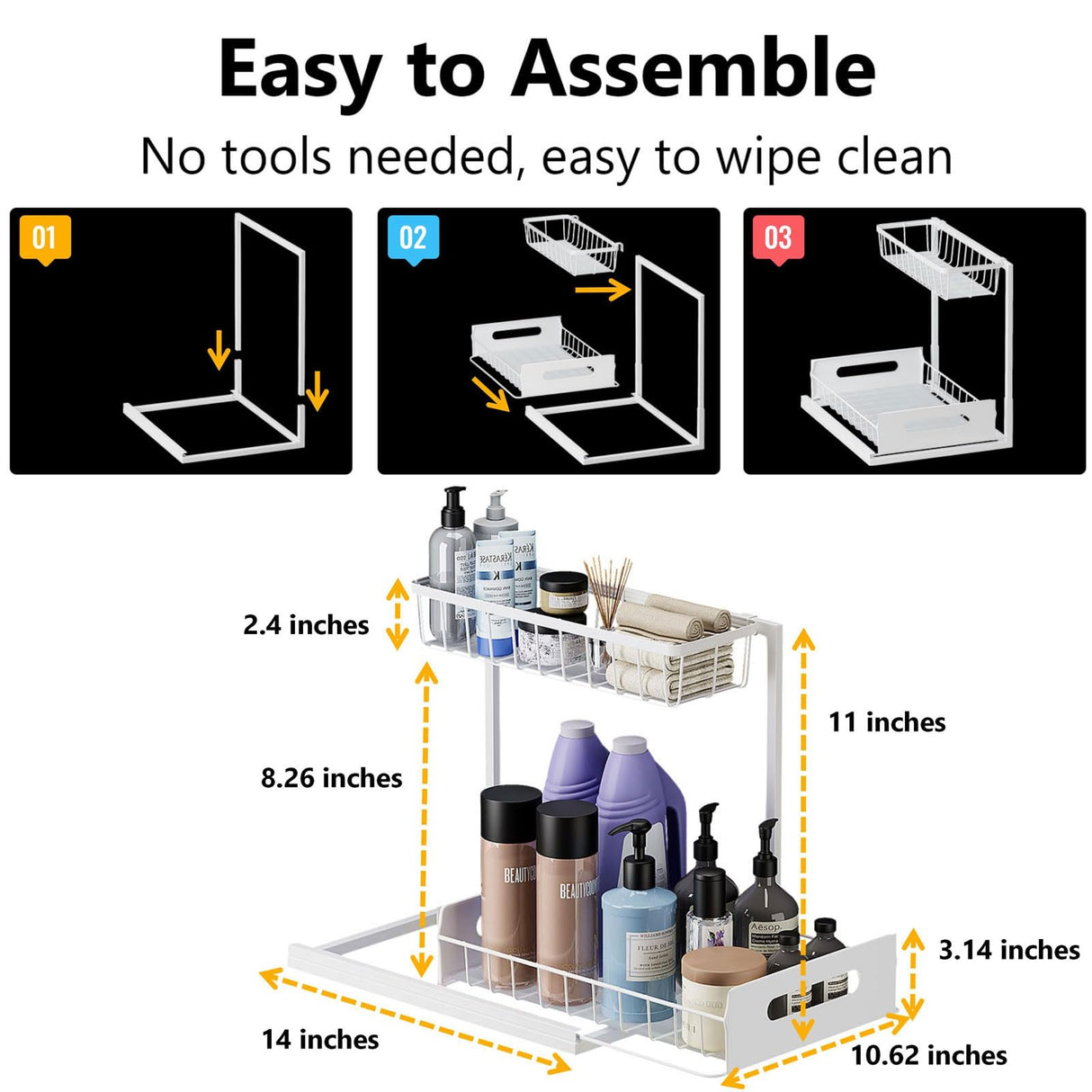 Ceetug Under Sink Organizers and Storage 2 Tier Slide Out Kitchen Cabinet Organizer Sturdy Metal Bathroom Storage (White, 1 Pack) Ceetug