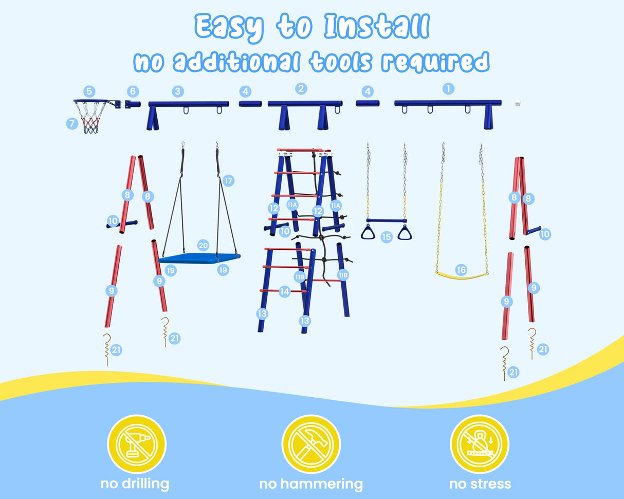 Swing Sets for Backyard, 6 in 1 Multifunction Swing Set Outdoor for Kids 3-12, Heavy Duty Metal Swing Sets with 2 Swings Climbing Ladder and Nets, Trapeze Bar, Basketball HoopPlayset BUPPLEE