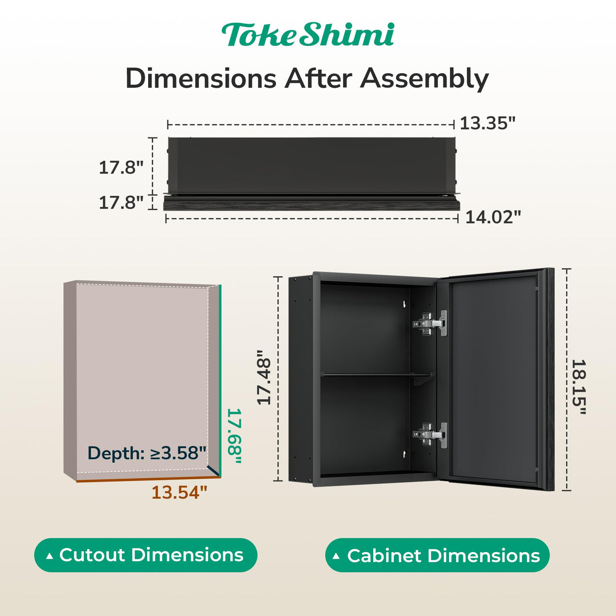 TokeShimi 14 x 18 Recessed Medicine Cabinet, Assembly Required, Black Bathroom Medicine Cabinet with Mirror, Stepless Adjustable Shelves, Tempered Glass, Beveled Aluminum Frame TokeShimi