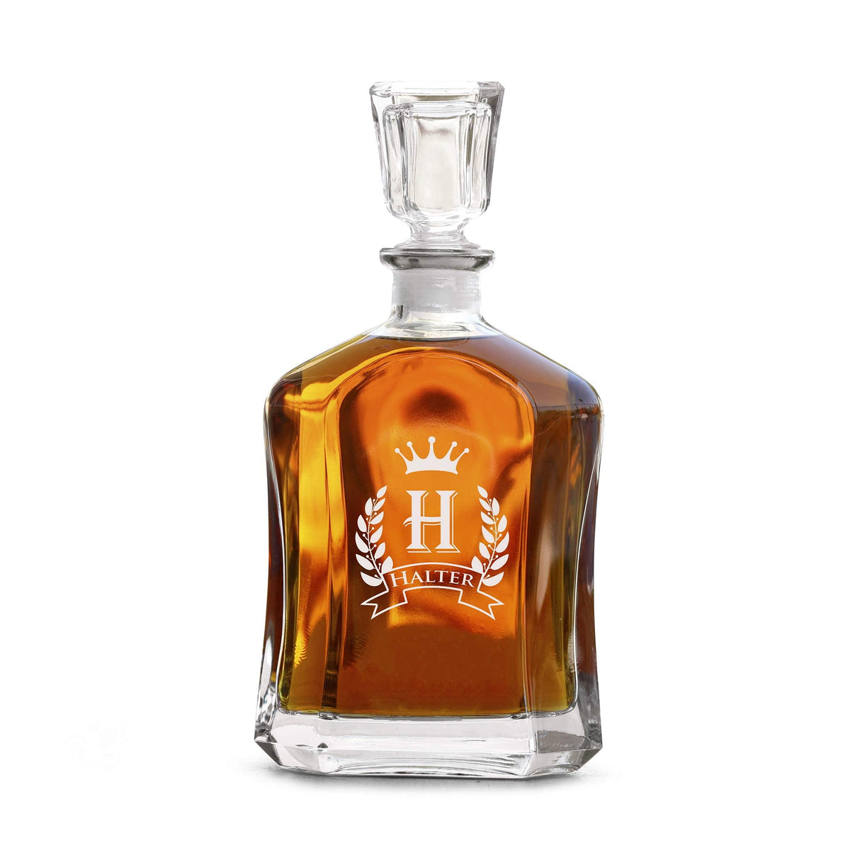 Customized Monogrammed Whiskey Decanter Set - 2 Glasses, Engraved Shield Crown Design - Wedding Decanter with Wood Box Krezy Case