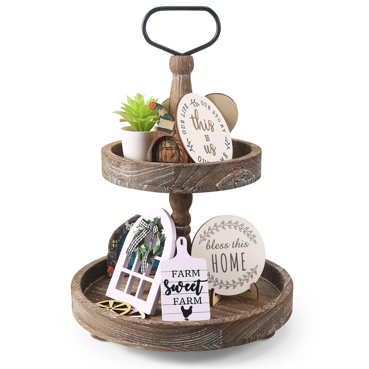 ASMPCUE 2 Tiered Tray Stand, Farmhouse Tiered Tray Stand with Metal Handle for Home Kitchen Decor, Wooden Rustic Two Tiered Serving Tray Coffee Table Tray for Holiday Decor, Tray ONLY(Rustic Wood) ASMPCUE