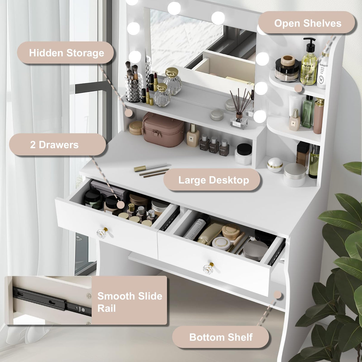 CUOZOVA Vanity Desk with Mirror and Lights, White Vanity with Lighted Mirror, Vanity with Lights with Drawers & Shelves, Makeup Vanity Desk with Lights for Bedroom & Dressing Room, 3 Lighting Modes CUOZOVA