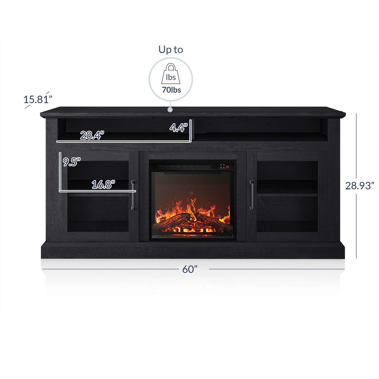 BELLEZE Modern 60" Traditional TV Stand with 18" Electric Fireplace Heater & Media Entertainment Center Console Table for TV up to 65" with Open Storage Shelves & Cabinets - Cayman (Rustic Grey) BELLEZE