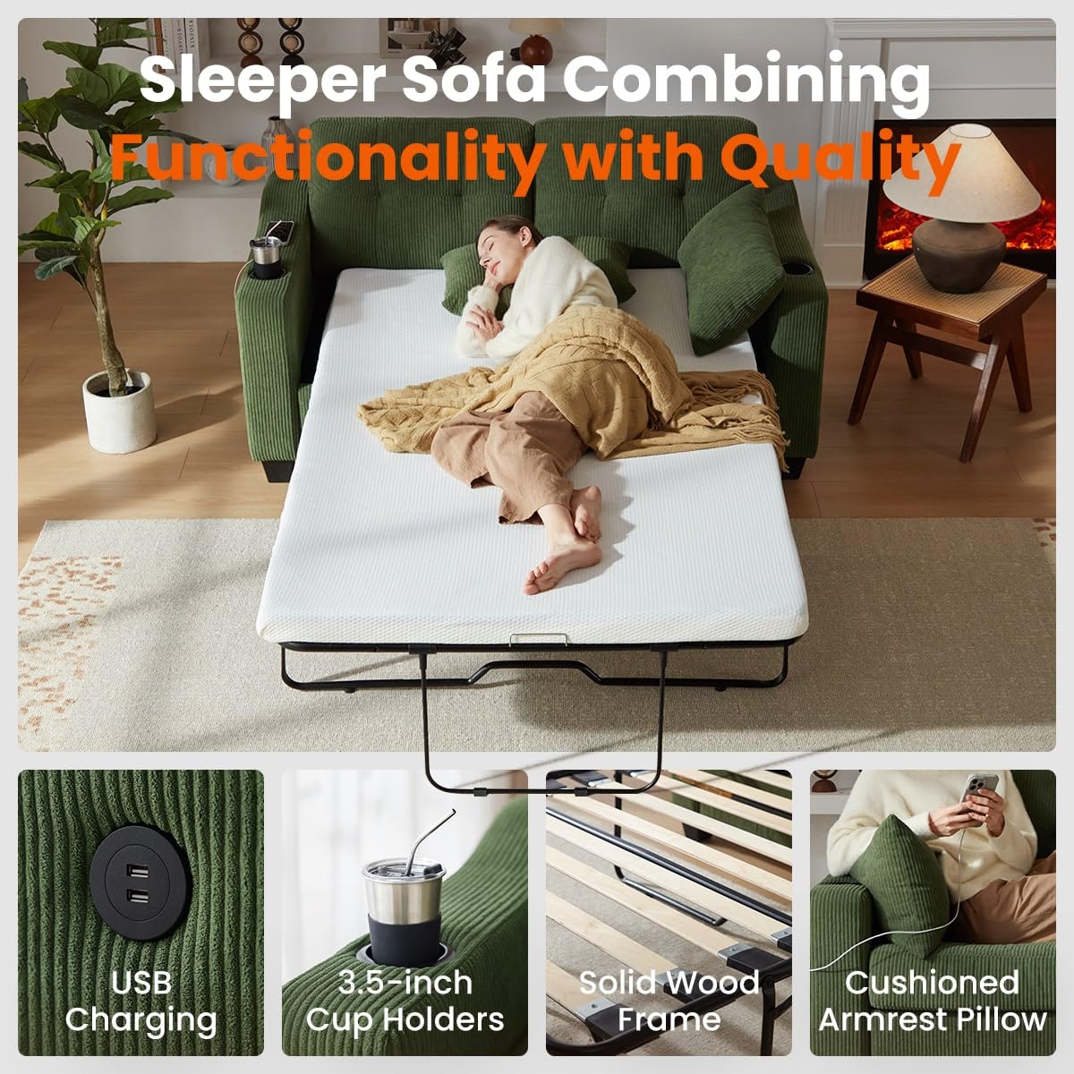 CHIC HOUSE Pull Out Sofa Bed, Full Size Sleeper Sofa, 2-in-1 Convertible Corduroy Couch with USB Charging, Memory Form Couch for Living Room, Apartment and Small Space CHIC HOUSE