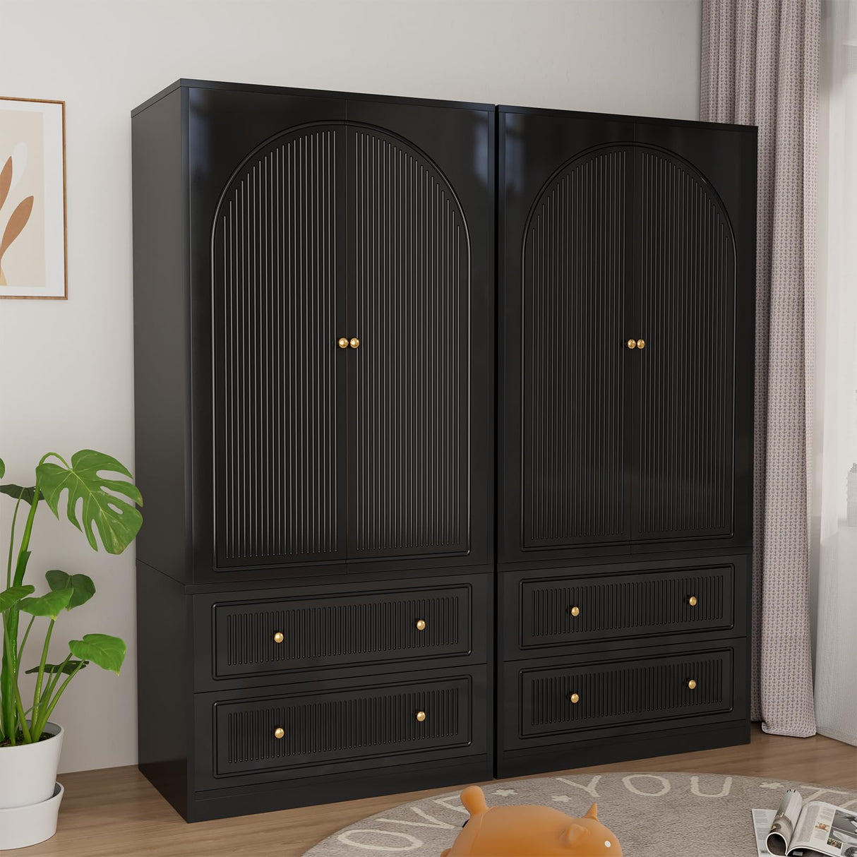 Wardrobe Closet with 2 Door & 2 Drawers, 71" Black Bedroom Wooden Armoire with Hanging Rod, Freestanding Large Capacity Clothing Wardrobe Cabinet w/Gold Handles for Bedroom Buenhomino