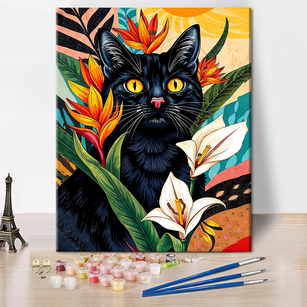 TUMOVO Black Cat Paint by Number Kits for Adults Beginners,Abstract Animal Paint by Numbers Kits,DIY Calla Lily Blossom Plants Paint by Numbers Kits on Canvas for Home Wall Decor 16x20inch Frameless TUMOVO