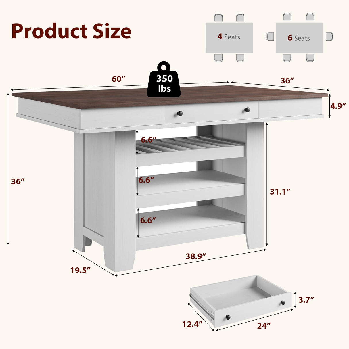 GAOMON 60" Counter Height Dining Table for 4, Farmhouse Rectangular Tall Bar Height Kitchen Dining Table & Thick Table Top, with Deepened Wine Rack & Shelves for Kitchen, Bar,Retro White & Brown GAOMON
