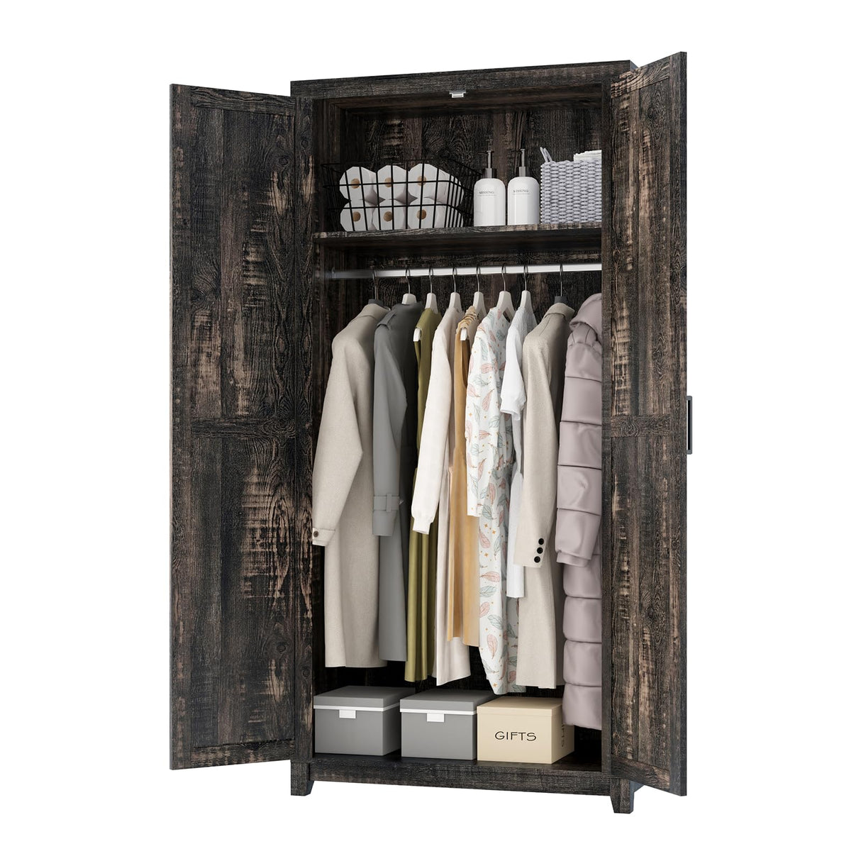 LUXOAK 70" Large Armoire Wardrobe Closet with Hanging Rod, Farmhouse Clothing Storage Cabinet with 2 Barn Doors, Wooden Tall Bedroom Armoires with Shelf, Dark Oak Wood LUXOAK