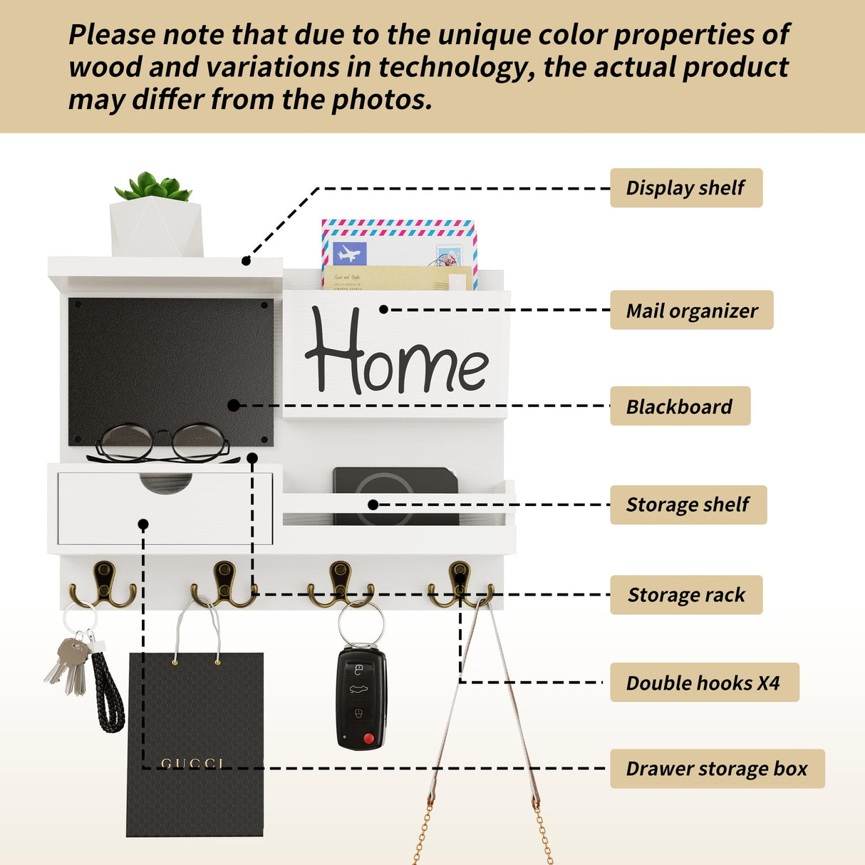 Farmhouse Key Holder for Wall with Mail Organizer - Easy Installation Wall Mount Organizer, Includes Chalkboard, Drawer, Wallet Holder & 4 Double Hooks, Ideal for Entryway, Quick Access - White Dvobez