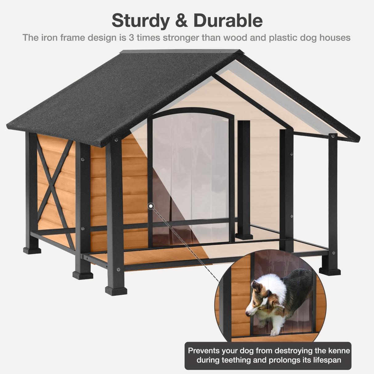 MEDEHOO Outdoor Weatherproof Dog House with Insulated - Large All-Around Iron Frame - Fir Wood Construction - Ideal for All Dog Breeds (Medium) MEDEHOO