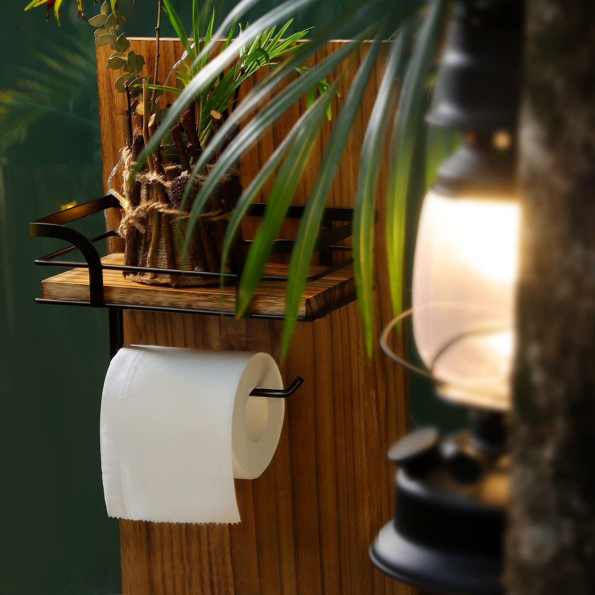 AIDILI Rustic Farmhouse Toilet Paper Holder with Shelf - Farmhouse Bathroom Rustic Country Decor - Rustic Bathroom Accessories with Warm Brown Wood Shelf for Wipes&Cell Phone&Reading, Black Metal AIDILI