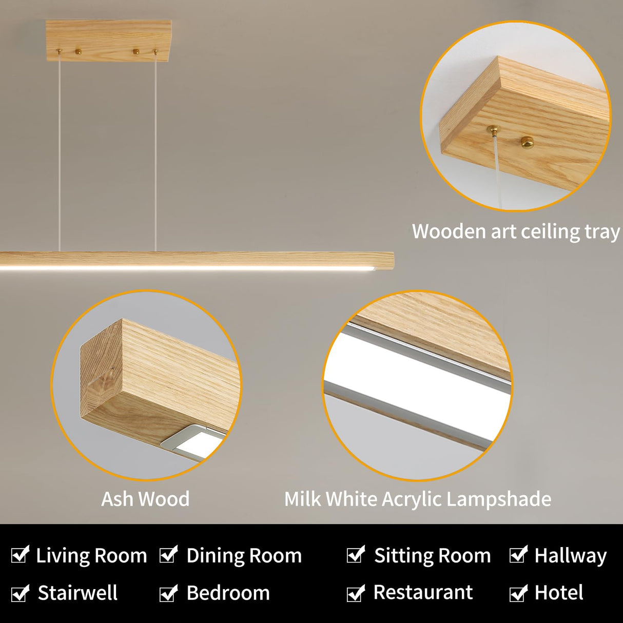 Wooden Linear Pendant Light, 47" Modern Chandeliers for Dining Room, Dimmable Pool Table Island Lights for Kitchen, LED Ceiling Pendant Lamp for Dining Room Billiard Room, Natural Ash Matven
