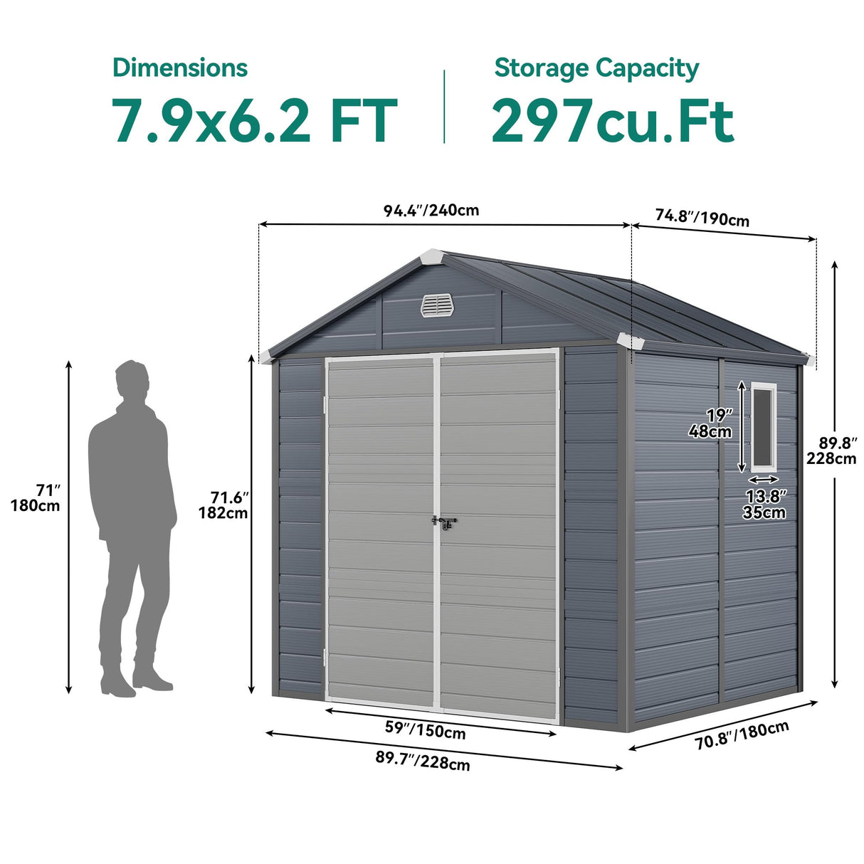 YITAHOME 8x6.2FT Outdoor Storage Shed w/o Floor, All-Weather Plastic Shed with Lockable Doors, Window & Vents, Plastic Tool Shed for Backyard, Patio, Poolside, Lawn, Gray YITAHOME