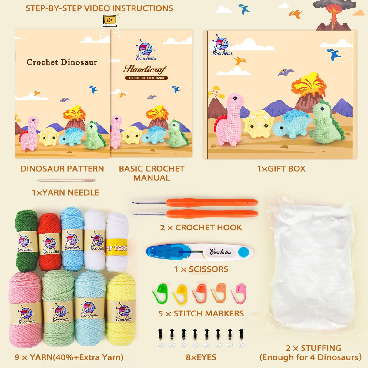 Crochet Kit for Beginners, Beginner Crochet Kit for Adults with Step-by-Step Video Tutorials, DIY Crochet Animal Kits Kids Knitting Supplies, 4 Pack Dinosaurs (40%+ Yarn) Crochetta