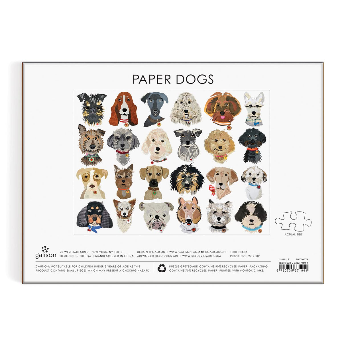 Galison Paper Dogs 1000 Piece Puzzle - 1000 Piece Jigsaw Puzzle for Adults, 24 Hand Cut Dog Portraits, Thick and Sturdy Pieces, Perfect for Puzzle and Dog Lovers Galison