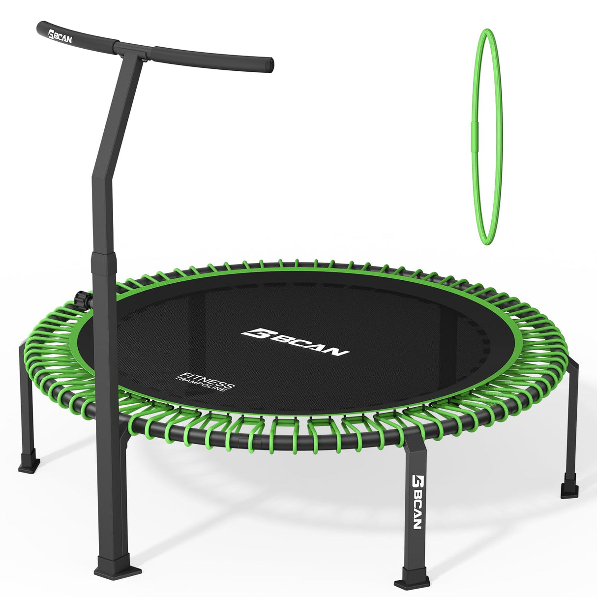 BCAN 560 LBS Soft Land Mini Trampoline, 48" Fitness Trampoline, 1 Sets of Bungees, T Shape Adjustable Foam Handle, Stable, Quiet Exercise Rebounder for Kids Adults Indoor/Garden Workout-48IN-1-GREEN BCAN