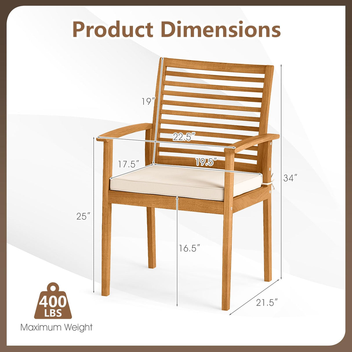 Tangkula Patio Wood Dining Chairs Set of 4, Outdoor Acacia Armchairs w/Removable Padded Cushion, Slatted Backrest, 400 LBS Weight Capacity, for Garden, Poolside, Yard (2) Tangkula