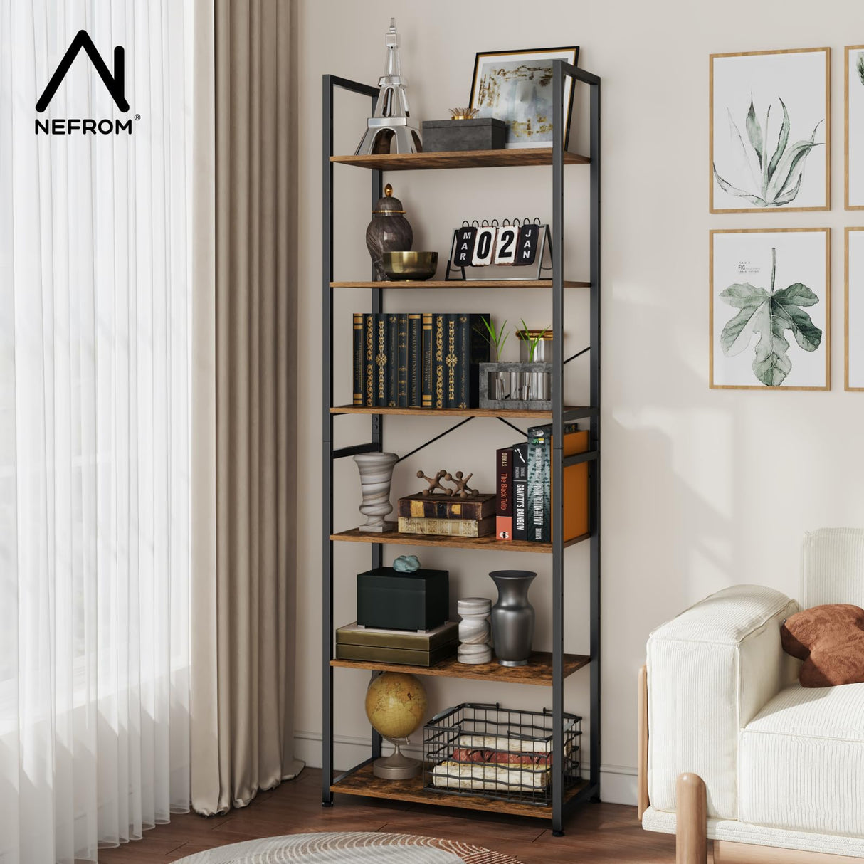 NEFROM Book Shelf, Adjustable 6-Tier Tall Bookshelf, Wooden Bookcase Shelves for Bedroom, Living Room, Display Shelf for Home, Office, Kitchen, Standing Shelving Unit Storage Organizer BC-BR-6 NEFROM