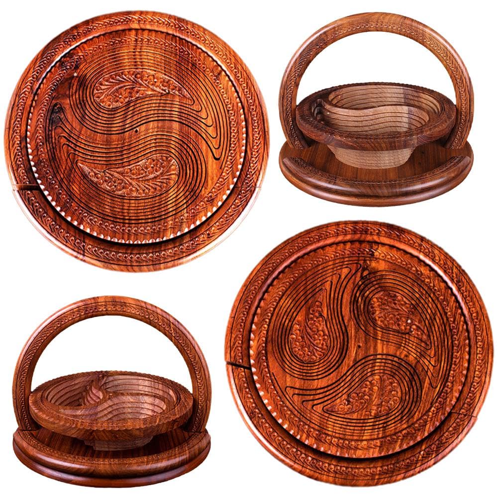 CTDWNT Handmade Wood Carving Fruit Plate,Wooden Collapsible Fruit Basket,Foldable Bamboo Dried Fruit Basket Collapsible Bread Nuts Baskets CTDWNT