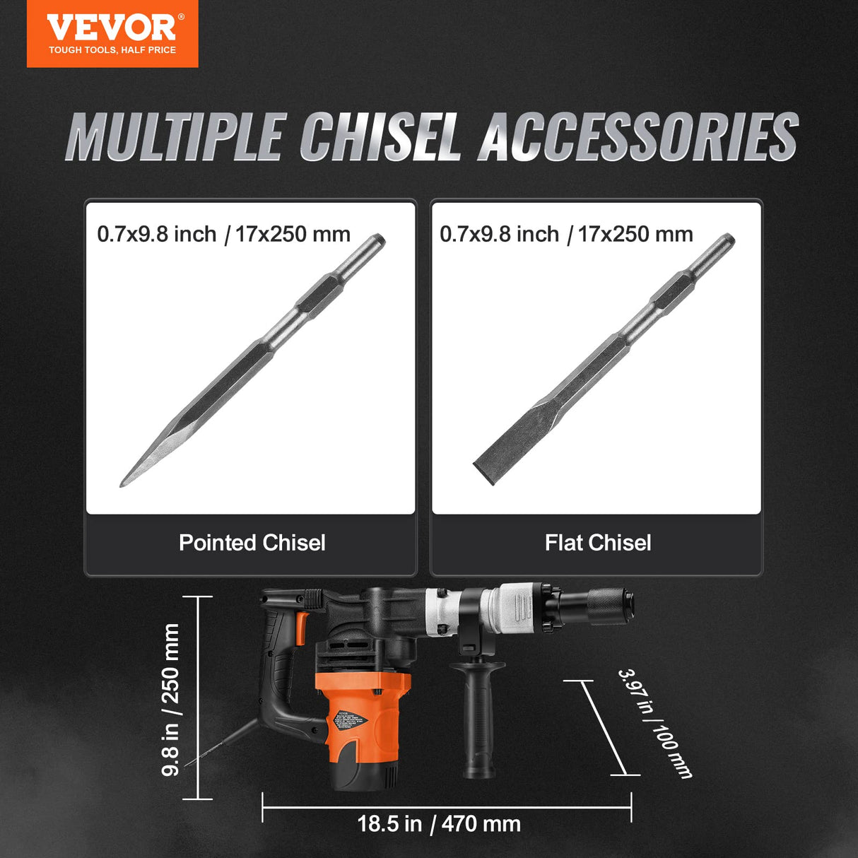 VEVOR Demolition Jack Hammer, MAX 1400W Electric Jackhammer Heavy Duty, 2900 BPM Concrete Breaker 2pcs Chisels Bits Chipping W/Case, Gloves VEVOR