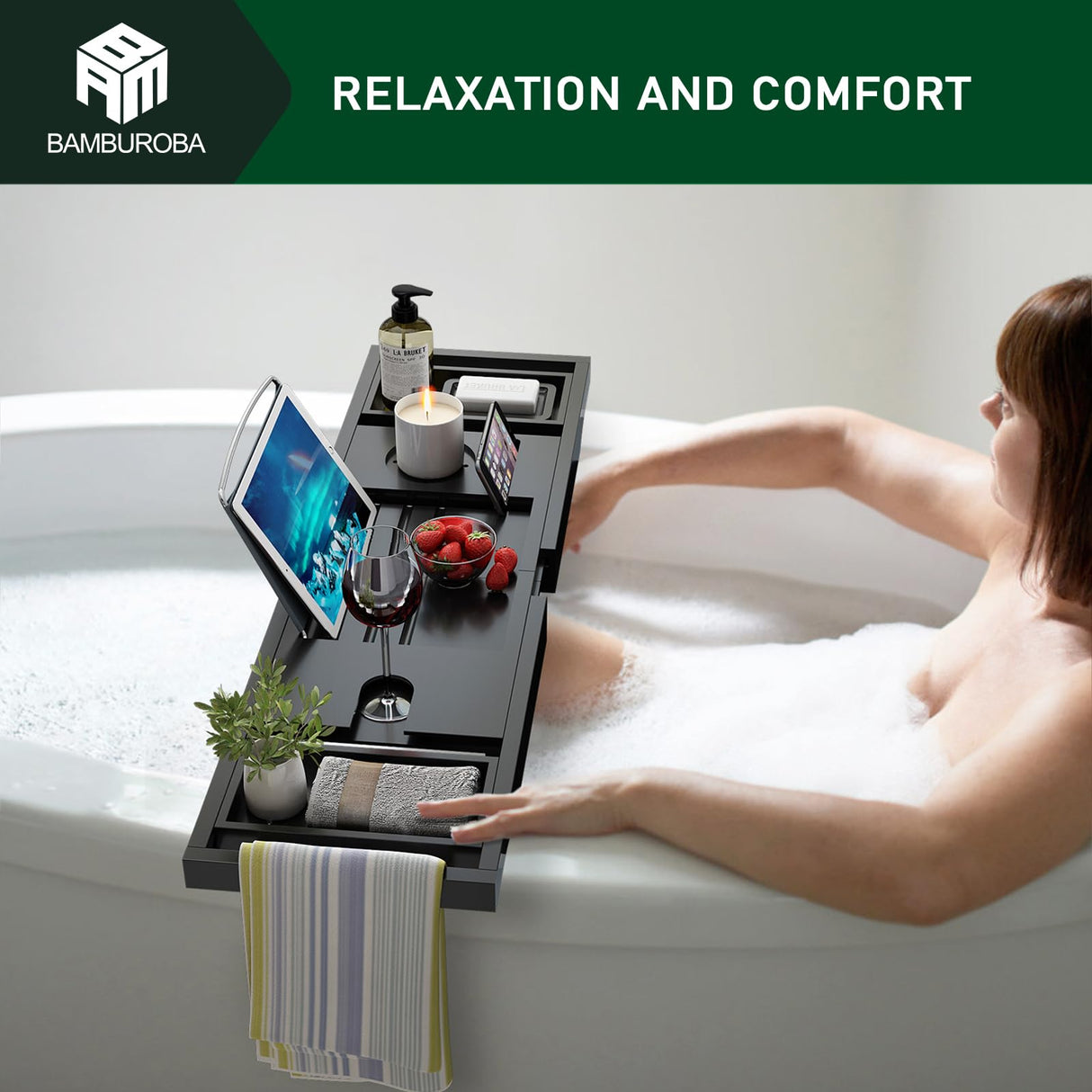 Bamboo Bathtub Caddy Tray Expandable for Luxury Bath, Bath Accessories & Table with Wine Glass Holder, Book Stand Bathroom Organizer with Extending Sides for Men/Women,Black BAMBUROBA