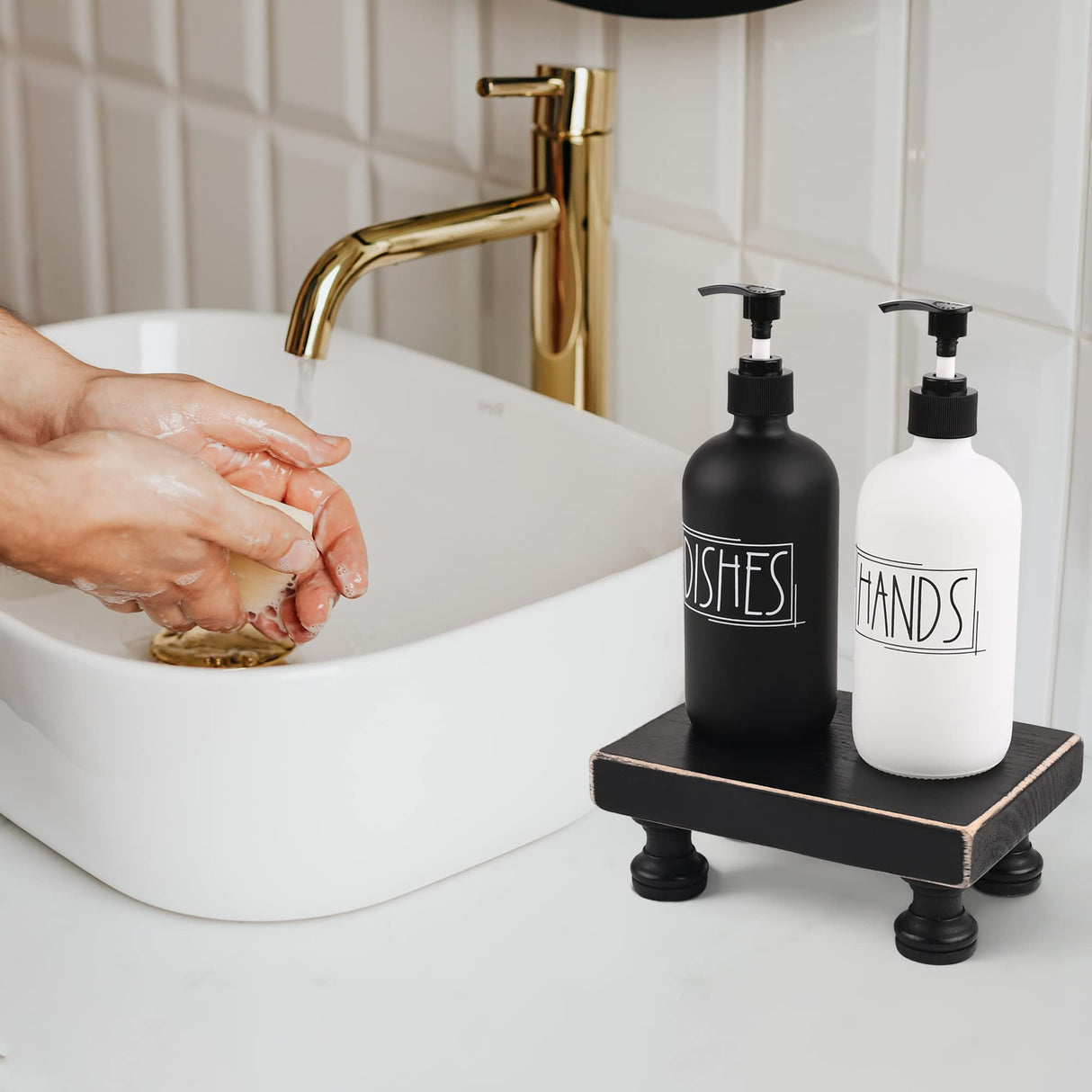 Delimux Farmhouse Wood Riser Decorative Pedestal Stand Rectangular Wood Tray Displays Decorations Rustic Home Bathroom Counter Wooden Riser (Black) Delimux