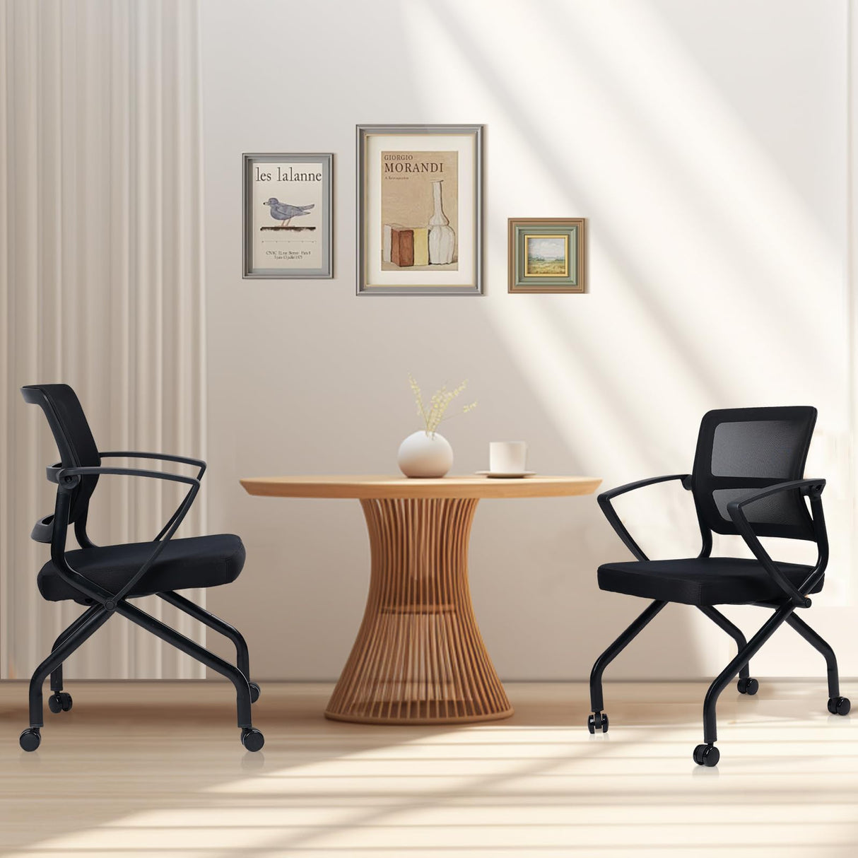 CLATINA Foldable Mesh Ergonomic Training Room Chair Guest Reception Stack Chairs with Caster Wheels and Arms for Office School Church Meeting Conference Training Waiting Room Black (Black Mesh, 1PK) CLATINA