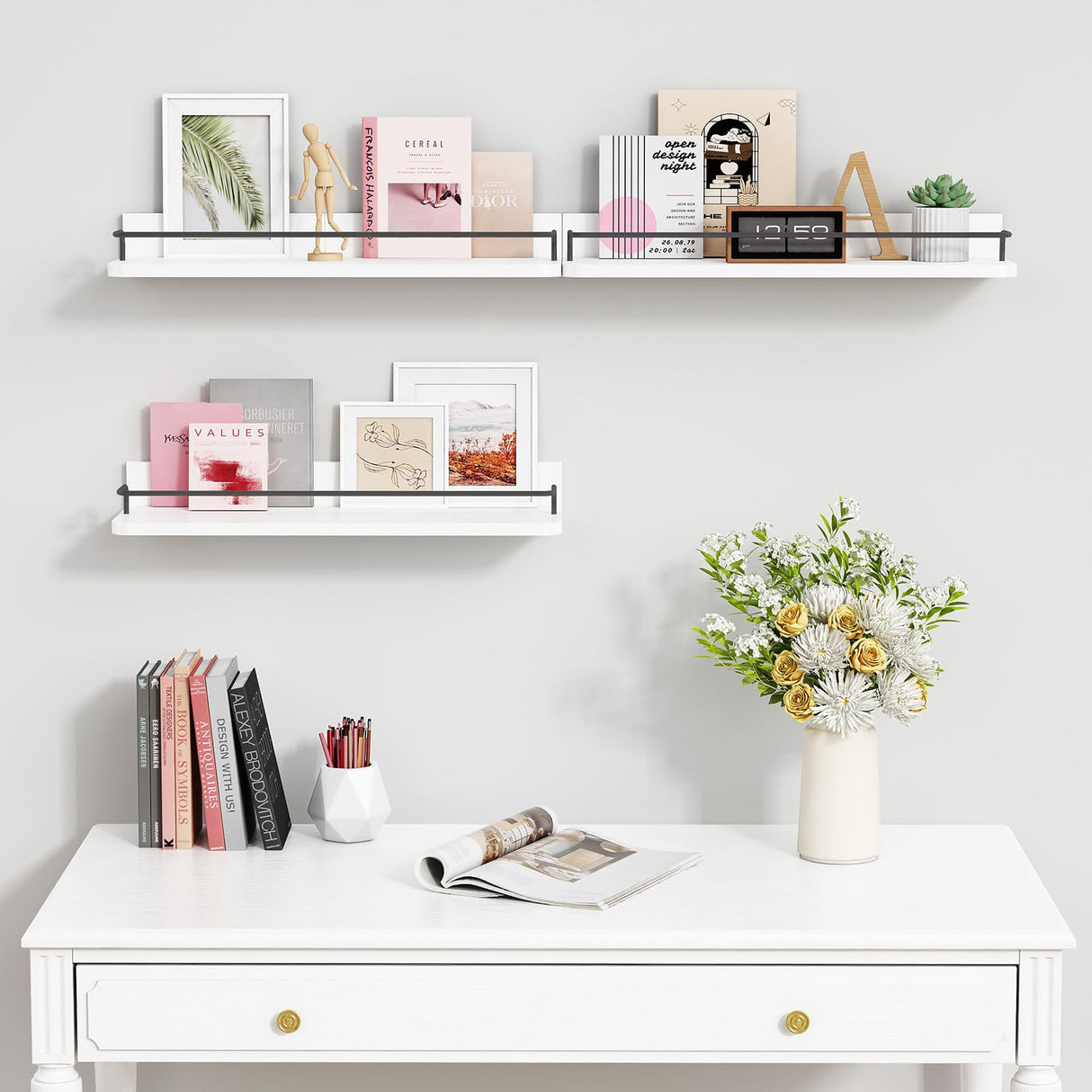 Forbena White Floating Shelves Bathroom Shelves Over Toilet Set of 3, Bathroom Organizers and Storage Shelves Wall Mounted, Modern Wood Corner Wall Shelf for Bedroom Closet -White and Dark Grey Forbena
