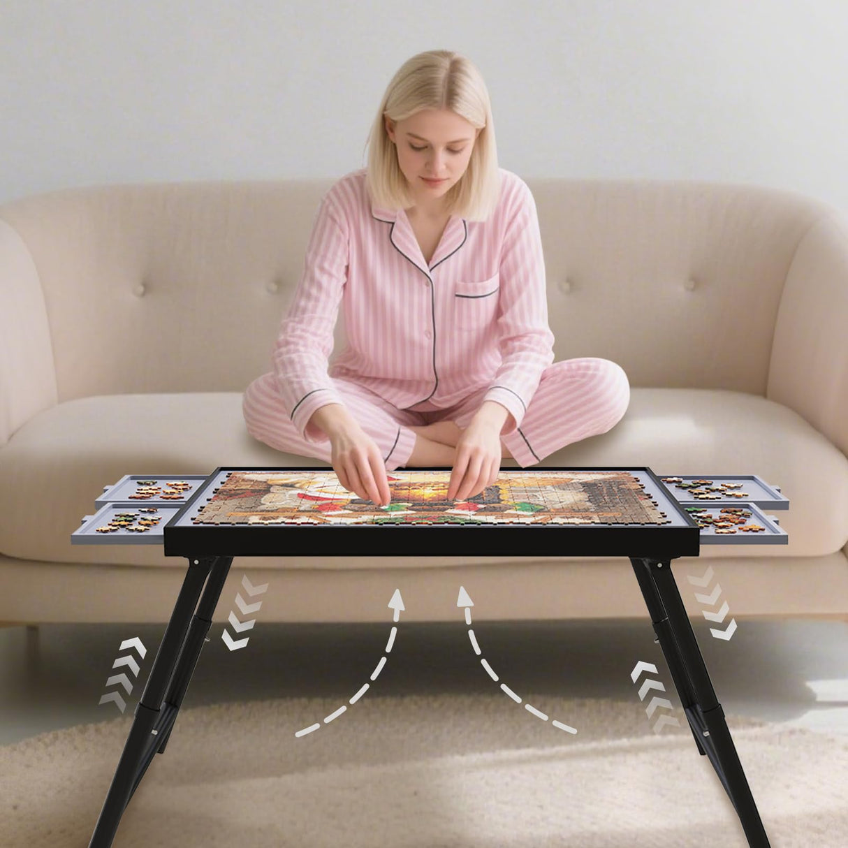 Puzzle Table with Drawers Adjustable Height 1500pcs,Foldable for Storage 3 in 1 Jigsaw Puzzle Table with Legs,Puzzle Tables for Adults with Drawers Doerpuz