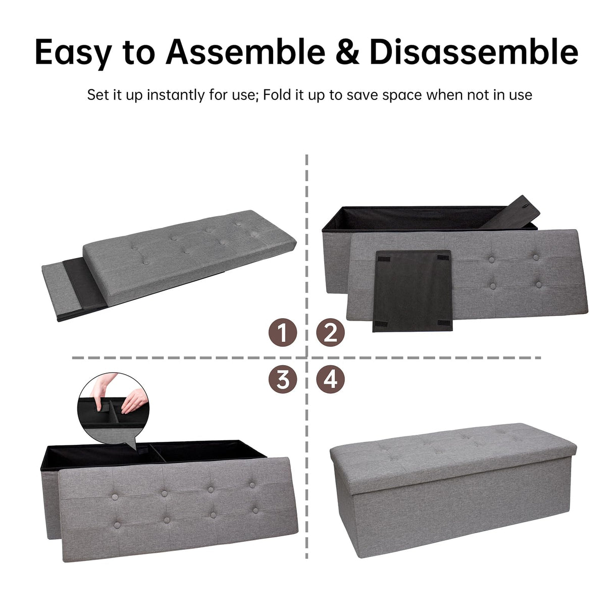 GLAXYFUR 43.3 inches Folding Storage Ottoman Bench Storage Chest Footrest for Bedroom, Entryway and Living Room, Holds up to 660 lb Dark Grey GLAXYFUR