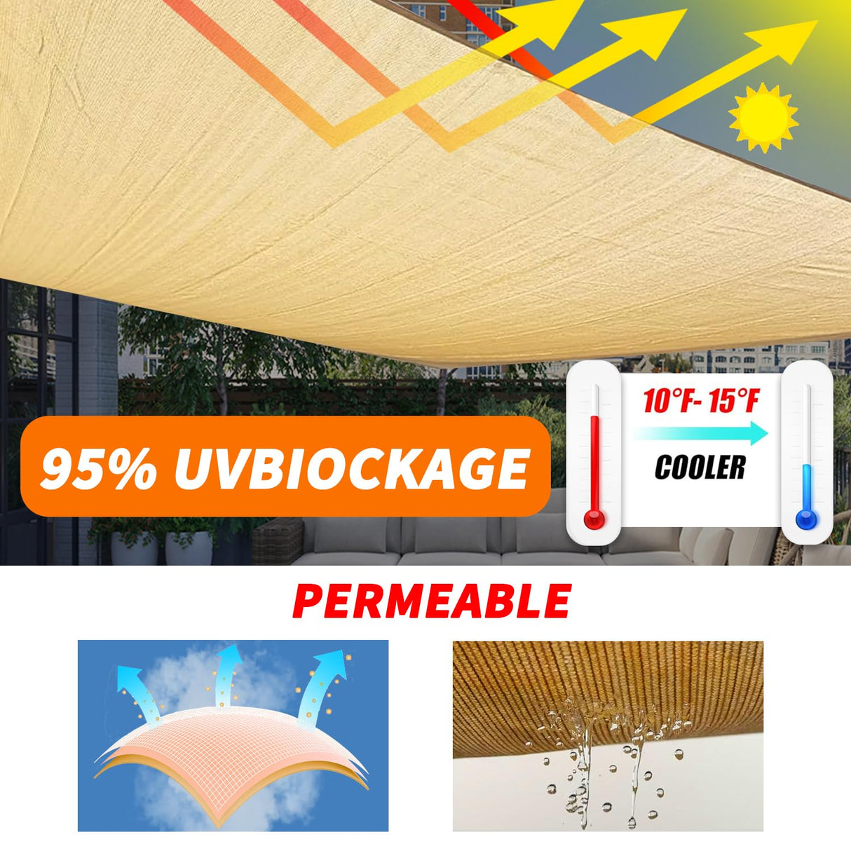 20' x 20' x 20' Triangle Sun Sail Shades Canopy UV Block Sun Shades Outdoor Patio Garden Backyard Pergola Shade Cover Sand OOTONAT