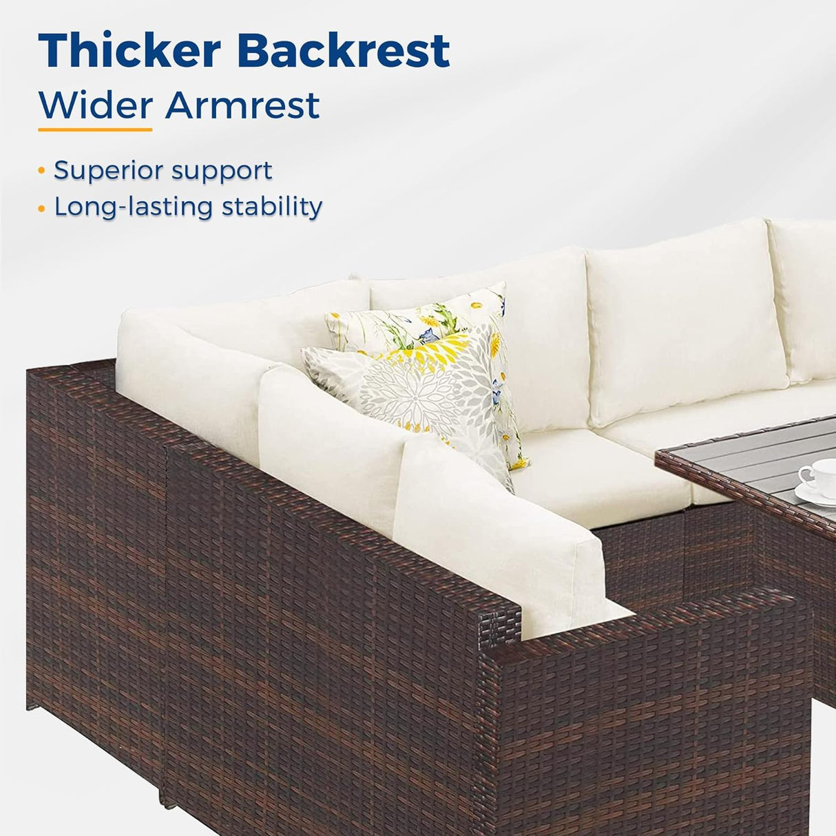 Wisteria Lane Patio Furniture Set, 7 Piece Outdoor Dining Sectional Sofa with Dining Table and Chair, All Weather Wicker Conversation Set with Ottoman, Brown Wisteria Lane