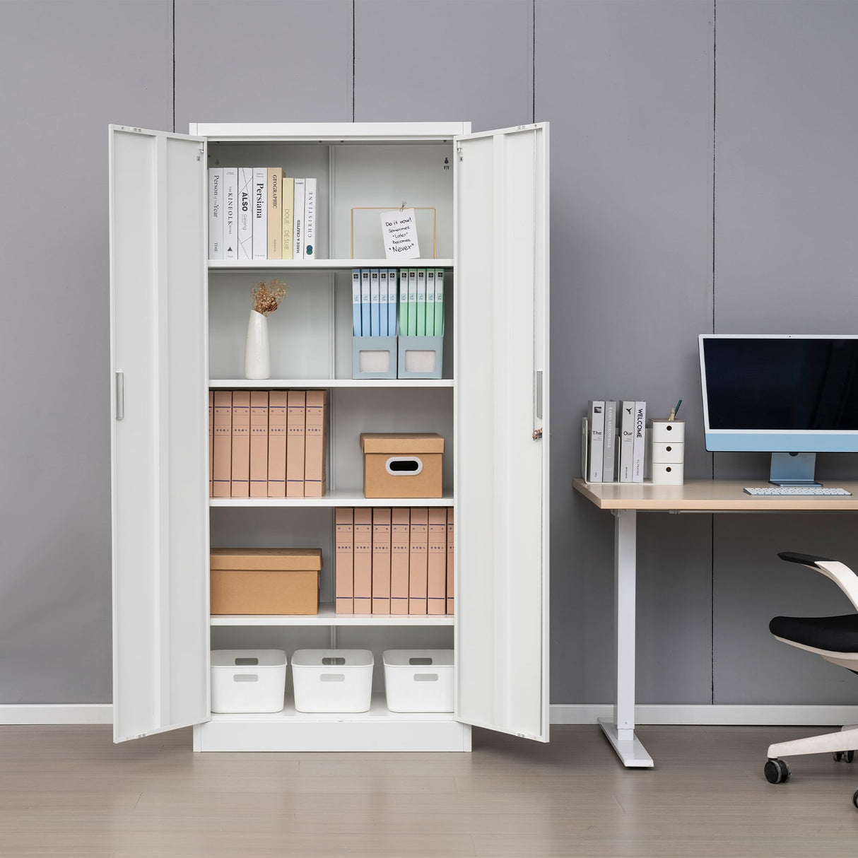 iDEKAI Metal Storage Cabinet with Lock, 72" Garage Storage Cabinets with 2 Lockable Doors and 4 Adjustable Shelves,Tall File Cabinet, Tool Cabinet for Office,Home,Garage,Gym,School (White) iDEKAI