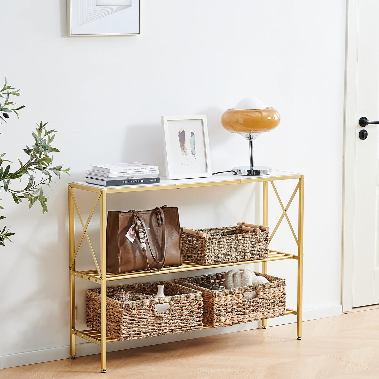 Wimarsbon Console Table, 3 Tier Entryway Table, Hallway Table, Narrow Sofa Table with Shelves, Display Side Table, Entrance Table for Entryway, Hallway, Foyer, Living Room (Gold Frame White) Wimarsbon