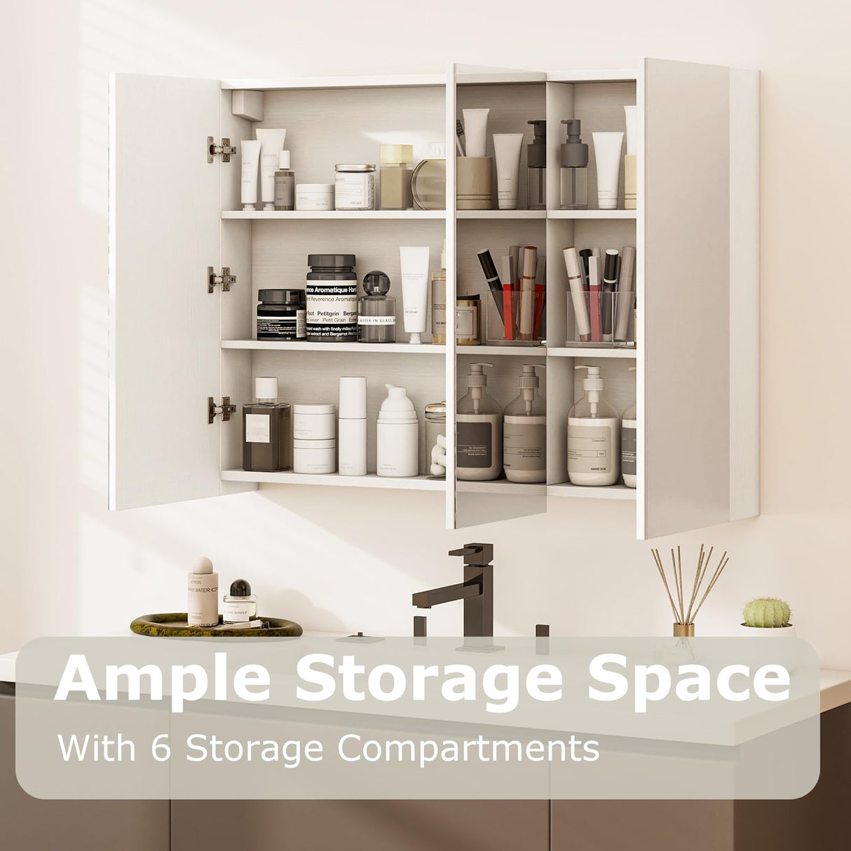 Tangkula Mirrored Medicine Cabinet, Large Wide Wall Mounted Storage Cabinet with 3 Mirror Doors & Adjustable Shelf, Hanging Bathroom Organizer, White, 34.5 x 5 x 25.5 Inches Tangkula