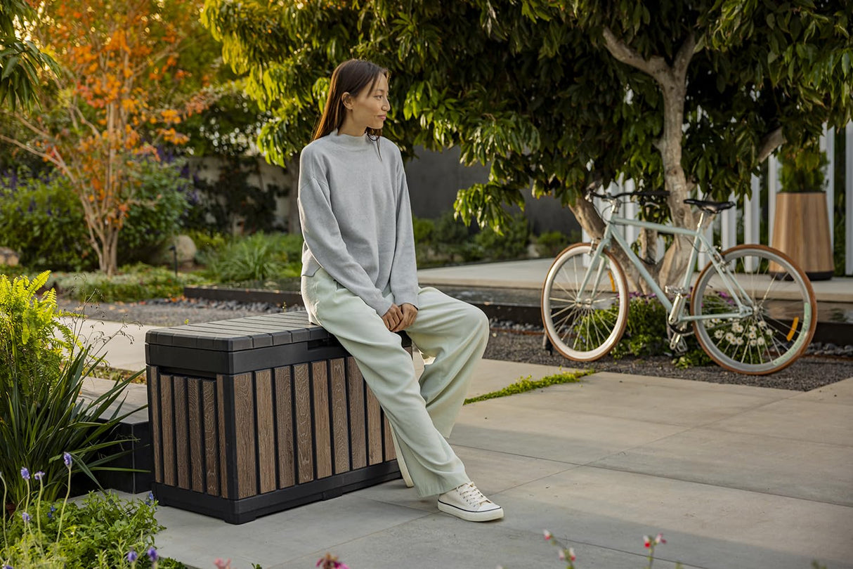 Keter Signature Everwood 50 Gallon Resin Deck Box-Organization and Storage for Patio Cushions, Throw Pillows and Garden Tools, Walnut Keter