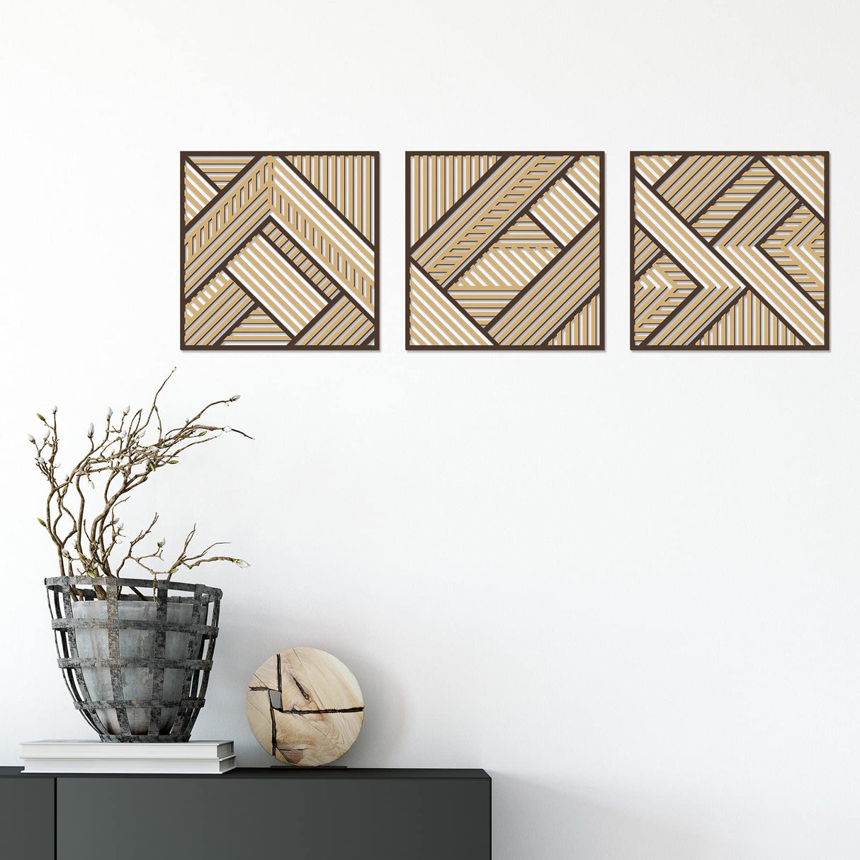 Tatuo 3 Pcs Geometric Wood Wall Art, Modern Slatted Wood Design Wall Decor, Hanging Abstract Panels Wall Decor with 3D Hollow Craft Art for Home Office Kitchen Living Room Bathroom (Simple Geometry) Tatuo