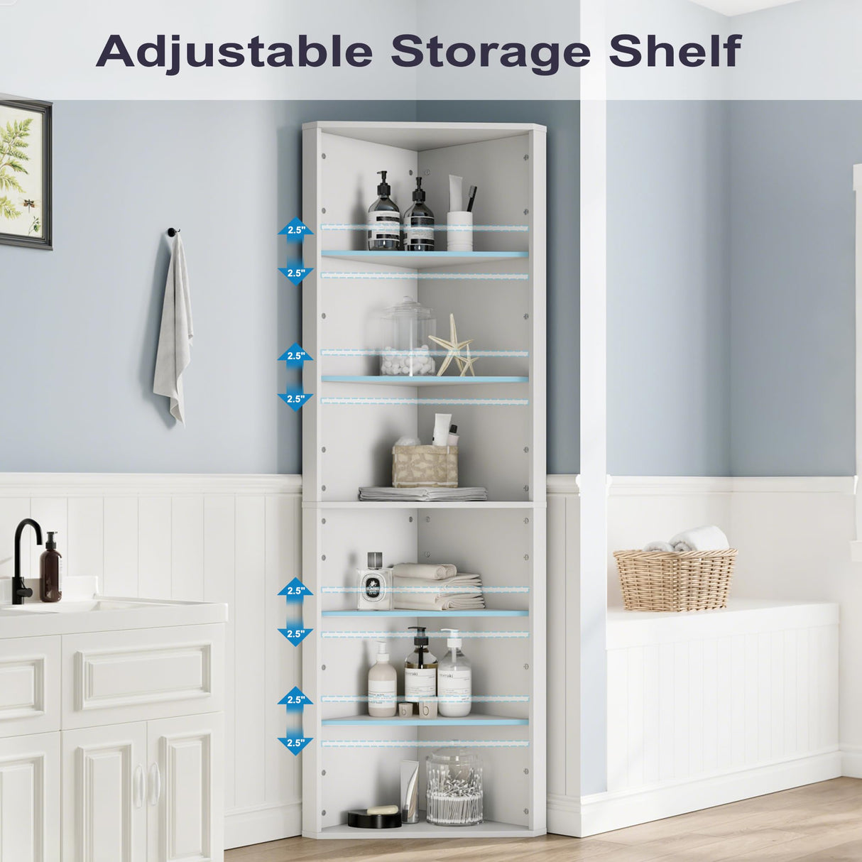 Furnify 6 Tier Corner Shelf with Adjustable Shelf, 68" Tall Corner Bookshelf Bookcase, Freestanding Corner Display Storage Shelf for Living Room, Office, Kitchen, Bath Room,Small Space, White Furnify