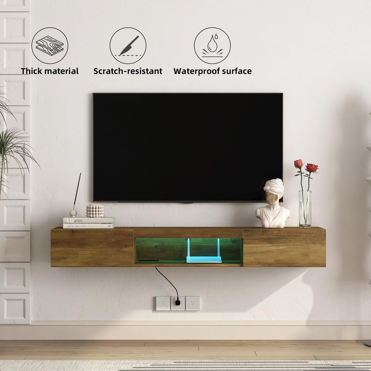 Floating TV Stand Shelf for TVs up to 80 Inch, Floating TV Cabinet with LED Light, Modern Wall Mounted Media Console Shelf with Power Outlets, Entertainment Center for Under TV Storage, Brown Msutree