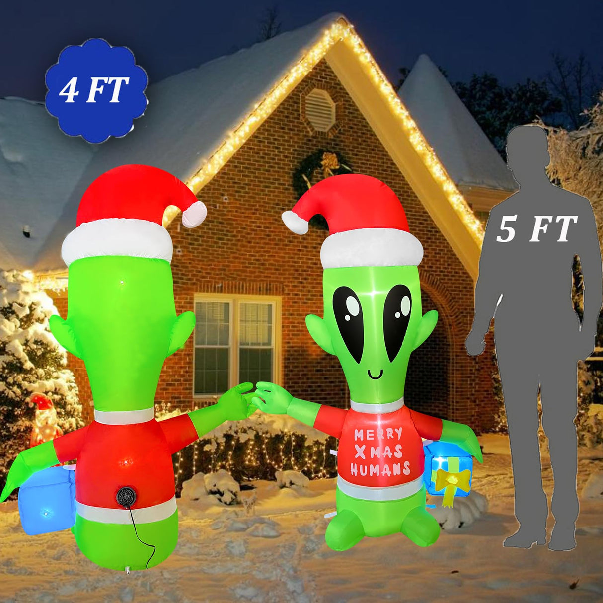 JOYEASE 4 FT Christmas Inflatables Alien with Gift Box Decorations LED Lighted Xmas Christmas Blow up Yard Decorations for Party Indoor Outdoor Garden Decor JOYEASE