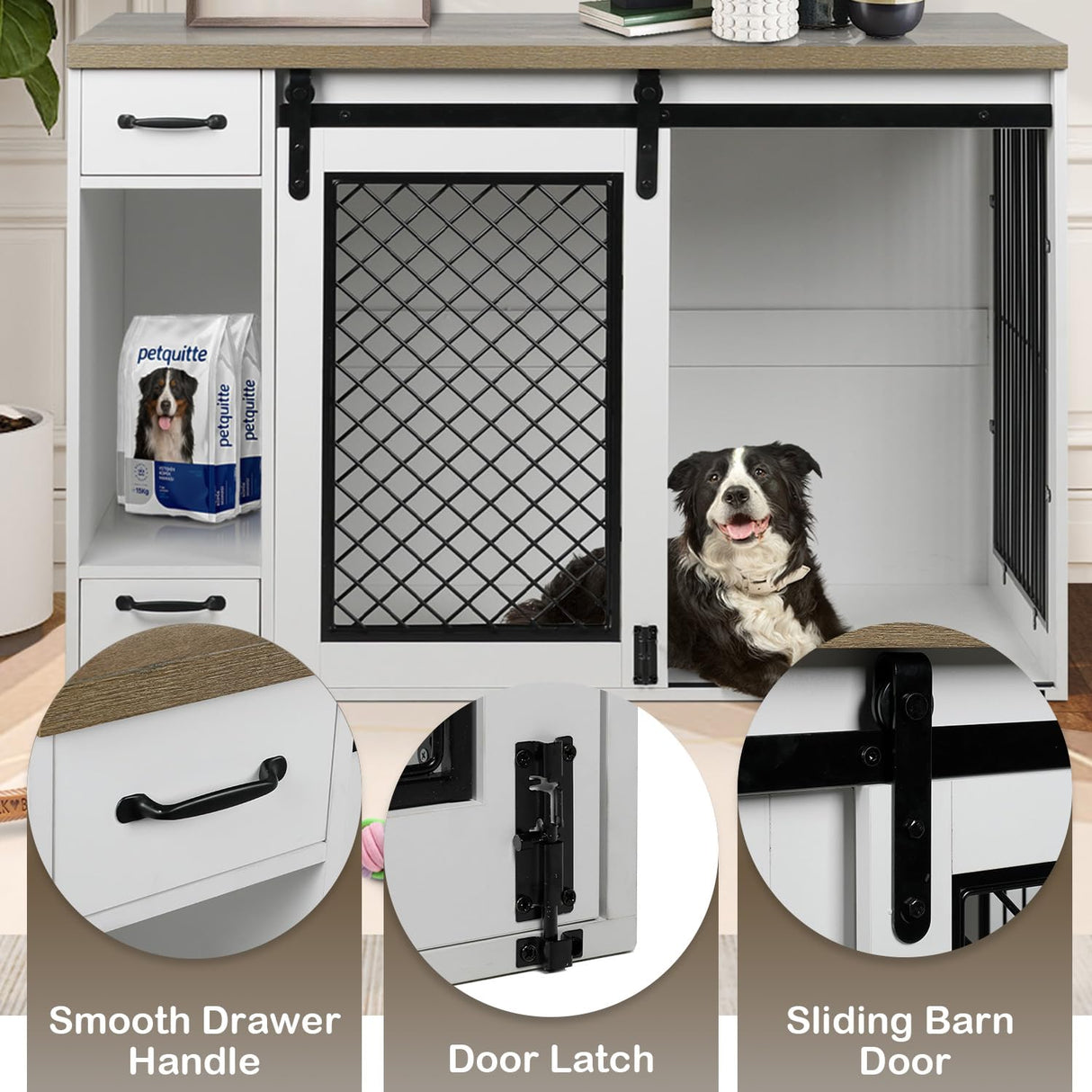 Large Dog Crate, Dog Crates for Medium Dogs, 47.2" Dog Kennel Indoor with Drawers, Feeder Bowls and Storage, 2 Sliding Doors, Heavy Duty Dog Crate Farmhouse Modern Side End Table for Small Medium Dogs okcomuy