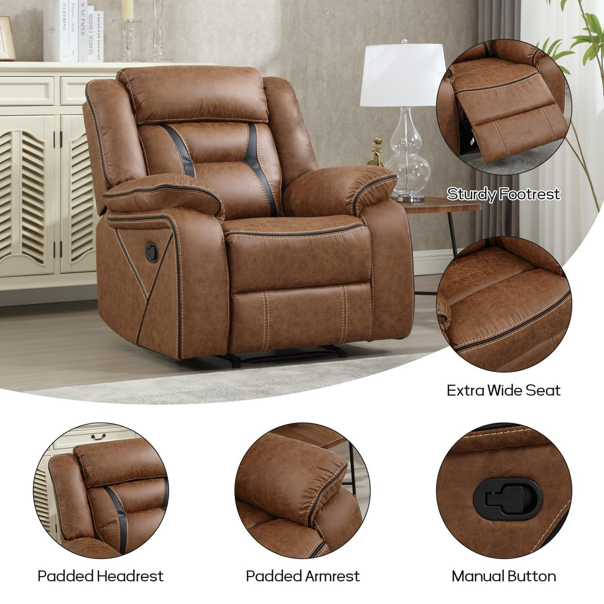 EBELLO Faux Leather Manual Recliner Chair, Modern Design Single Reclining Sofa Chair with Comfortable Armrest and Backrest, Furniture for Living Room, Bedroom, Brown EBELLO
