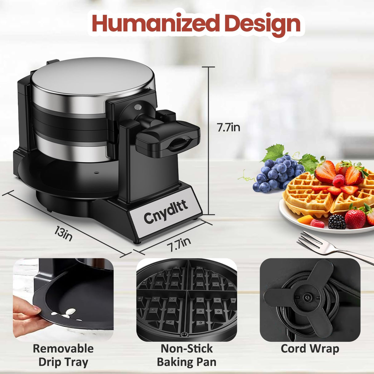 Cnydltt Double Waffle Maker, 1400W Rotating Belgian Waffle Iron with Nonstick Plates, 180° Flip, 8-Slice, Removable Drip Tray, Locking Lid & Cool Touch Handles, Stainless, Black Cnydltt